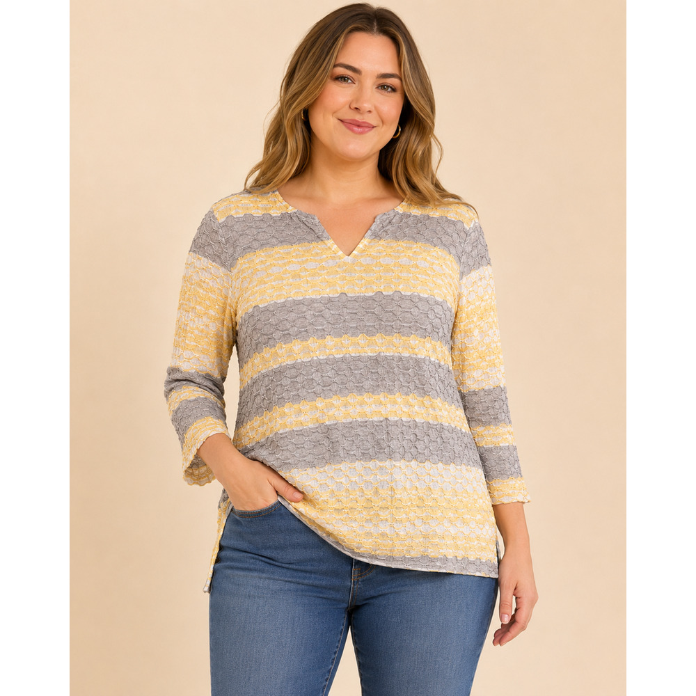 Chicos Size 1 M (8) Textured Stripe Top Yellow Gray White 3/4 Sleeve Blouse